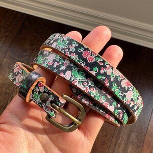 vintage genuine real leather floral printed womens small medium thin buckle belt